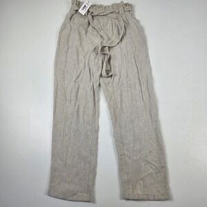 Sugar + Lips Pants Womens Small Beige Paperbag Straight Leg Belted Linen Blend